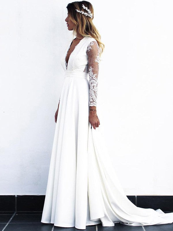 Wholesale A-Line/Princess Stretch Crepe Lace V-neck Long Sleeves Sweep/Brush Train Wedding Dresses